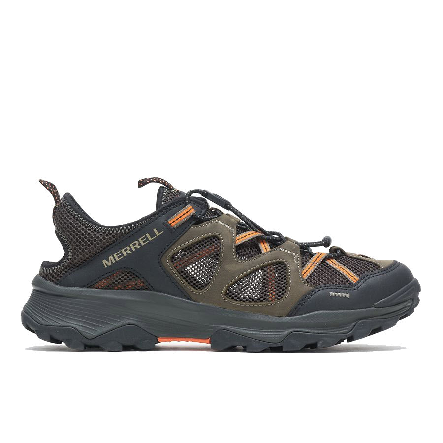 A dark green and black hybrid performance sandal with orange accents, featuring a mesh upper, thick treaded sticky trail outsole, and brand name &quot;Merrell&quot; on the side is the MERRELL SPEED STRIKE LEATHER SIEVE OLIVE - MENS by Merrell.