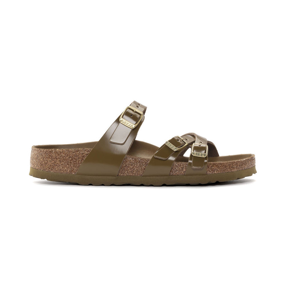 A single Birkenstock Franca Hex High Shine Mud Green sandal for women, featuring three adjustable straps and buckles, a cork-latex footbed, and a rubber sole.