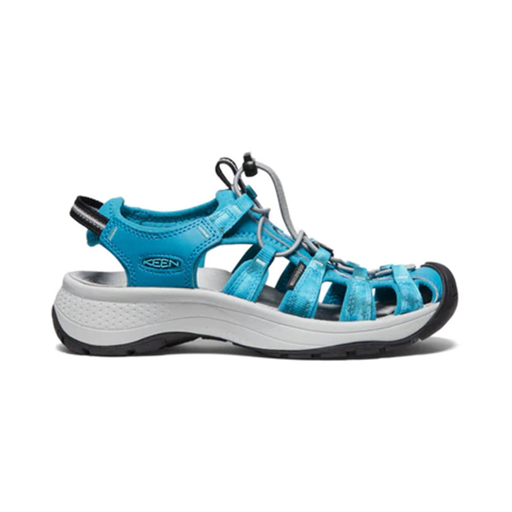 The KEEN ASTORIA WEST SEA MOSS - WOMENS, by Keen, combines the benefits of hybrid sandals with closed toes, adjustable bungee laces, and a rugged sole perfect for hiking.