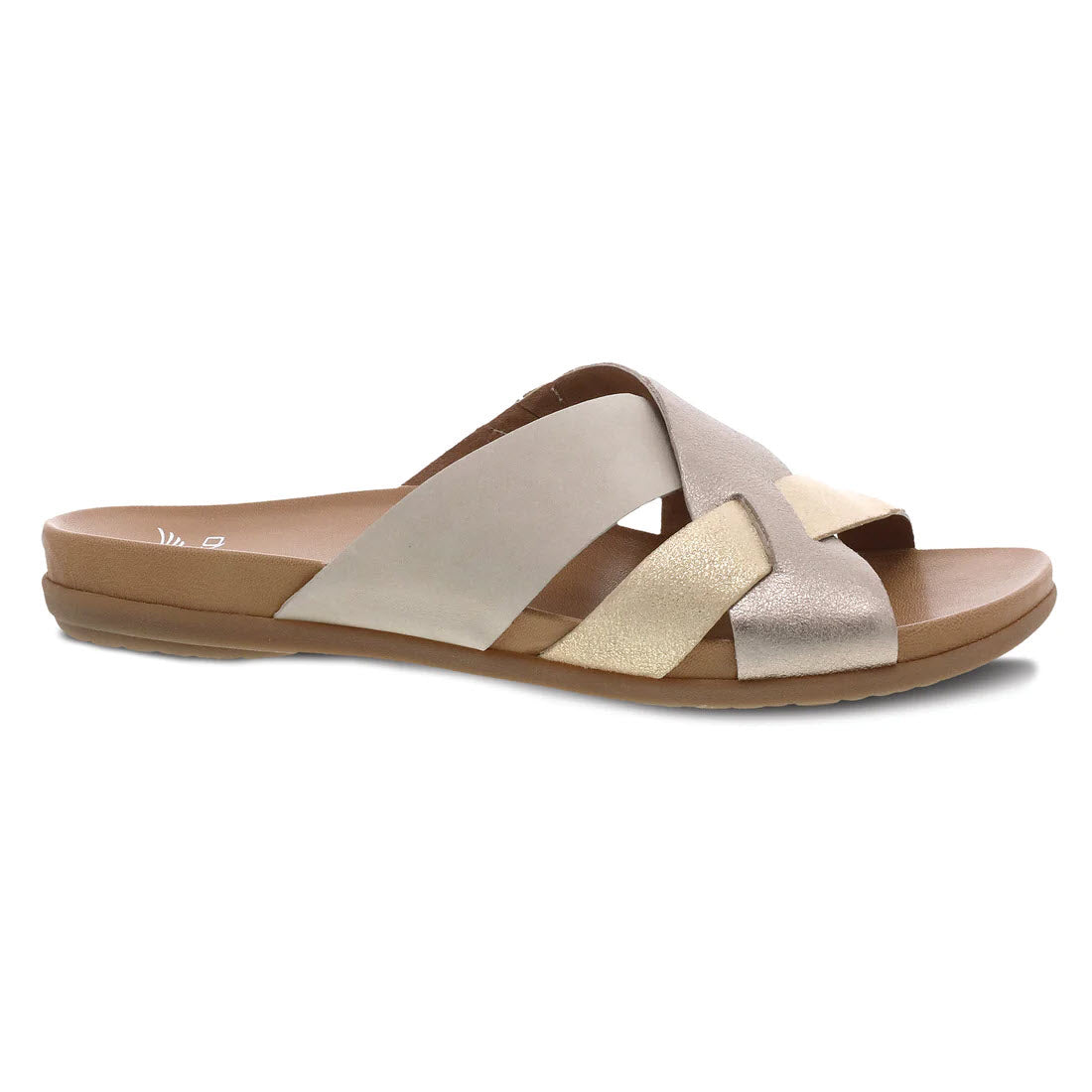 The DANSKO JOANNA SAND MULTI for women by Dansko is a stylish tan and beige dressy slide sandal featuring criss-crossing leather uppers across the top, a flat sole, and a comfortable EVA footbed.