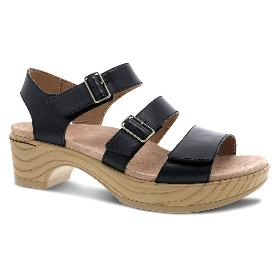 Introducing the DANSKO MALENA BLACK for women by Dansko: A chic black strappy sandal featuring leather uppers, a chunky tan heel with a wavy texture, and two buckles on the upper straps. The lightweight PU outsole design guarantees both style and comfort.