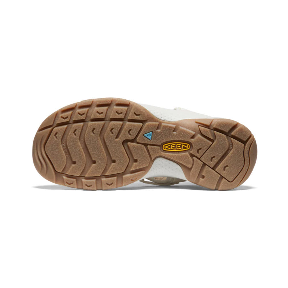 The image features the sole of a shoe with a brown rubber tread and the KEEN logo in yellow and black near the arch area, reflecting the durability seen in their popular Keen UNEEK Astoria Birch sandals for women.