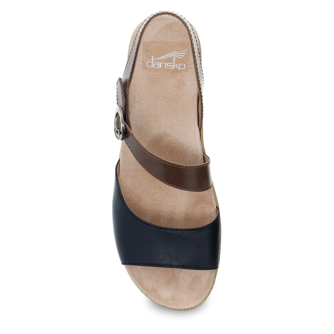 Top view of the Dansko Marjory Black Nappa sandal showcasing its beige insole, black leather uppers with a buckle on the instep, and a black asymmetrical toe strap.