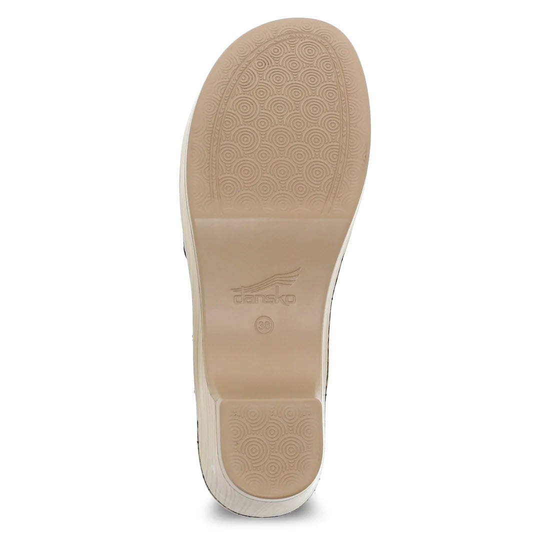 Bottom view of a single black Marjory sandal sole with a textured pattern and the &quot;Dansko&quot; logo, complemented by leather uppers and an asymmetrical strap.