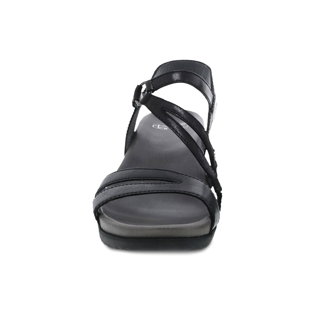 Front view of the DANSKO ADDYSON GLAZED BLACK - WOMENS sandal by Dansko, featuring a black wedge design with a low heel, buckle ankle strap, and contoured EVA footbed.