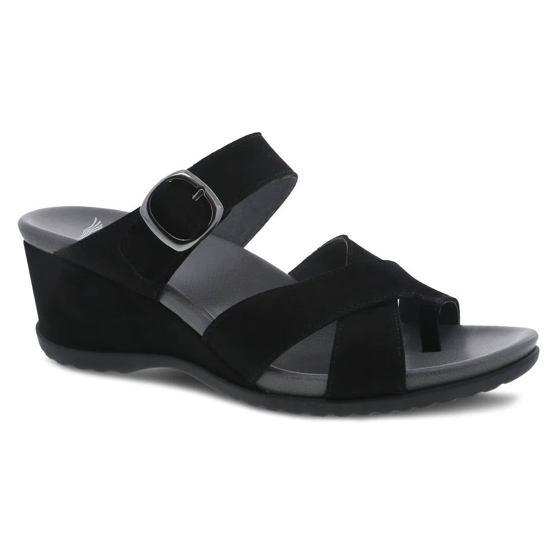 The DANSKO AUBREE BLACK NUBUCK - WOMENS by Dansko is a black wedge sandal with nubuck uppers, featuring a toe loop, two wide straps, and a buckle on the outer strap. Its contoured EVA footbed ensures comfort for all-day wear.