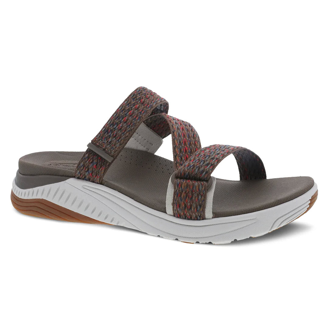 The DANSKO ROSETTE BROWN MULTI - WOMENS by Dansko is a brown and gray slip-on sandal featuring two adjustable woven straps and a white and brown textured rubber sole, making it an ideal choice for those seeking the comfort of performance walking shoes.