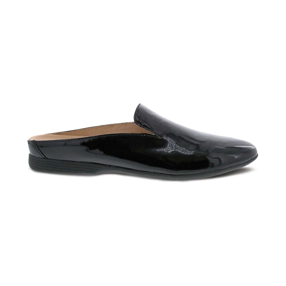 Sleek black patent leather stylish mule with a flat heel and backless design, featuring Natural Arch technology for added support, photographed from the side. Introducing the DANSKO LEXIE BLACK PATENT - WOMENS by Dansko.