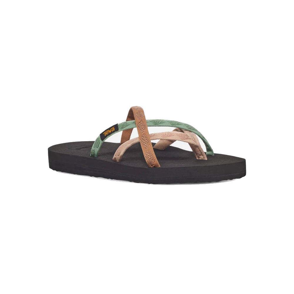 The Teva Olowahu Maple Sugar Multi for women features a black sole and an elegant strapping system with multiple crossed fabric straps in green, beige, and light brown colors, ensuring both style and comfort.