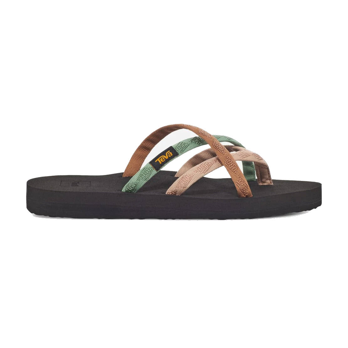 The TEVA OLOWAHU MAPLE SUGAR MULTI - WOMENS sandal by Teva features a black flat sole and an elegant strapping system with multicolored crisscross fabric straps in green, brown, and beige, ensuring both style and comfort.