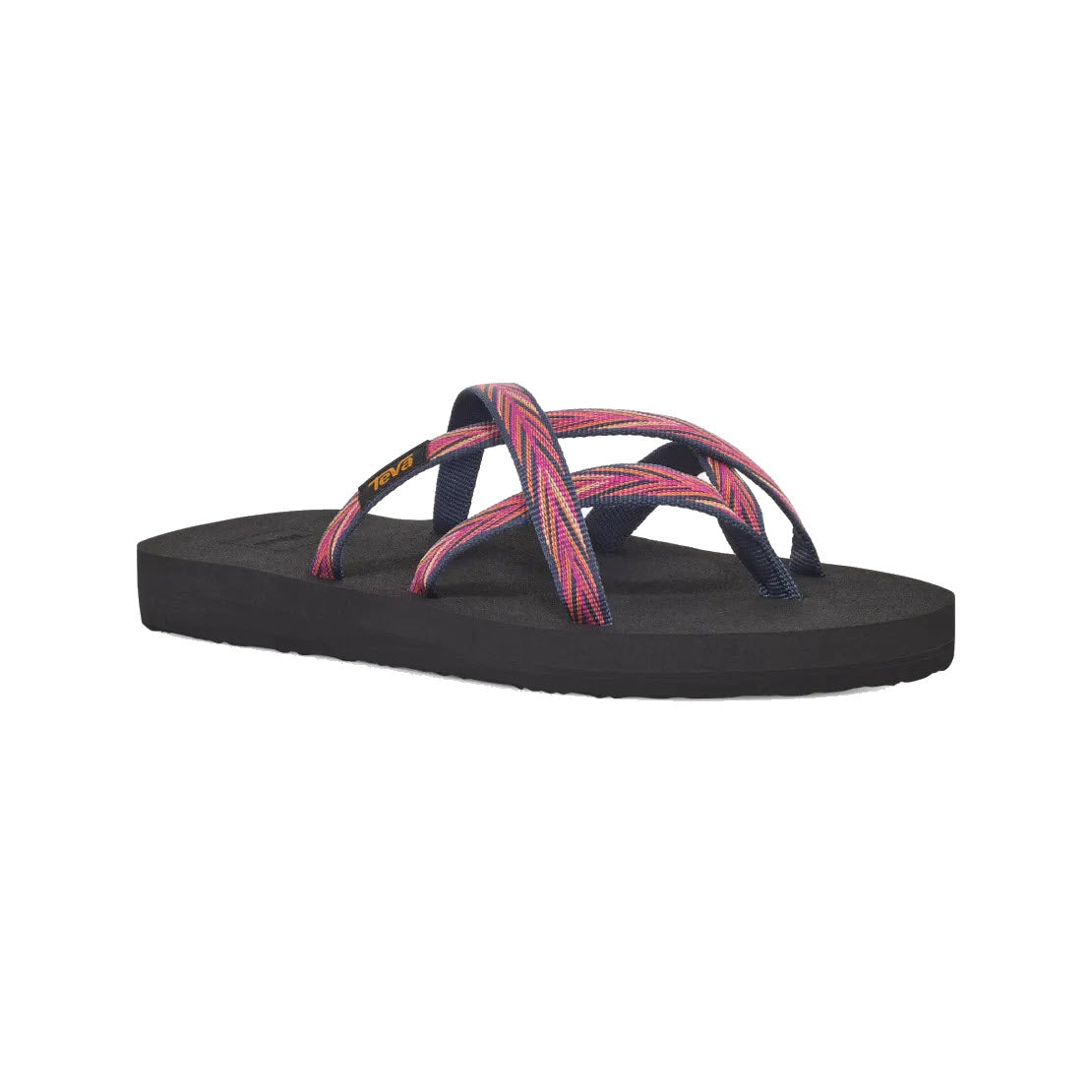 A single TEVA OLOWAHU INDIGO/ROSE VIOLET women&#39;s slip-on sandal by Teva, featuring black base with recycled plastic crisscross straps in shades of red, blue, and pink, displayed on a white background.