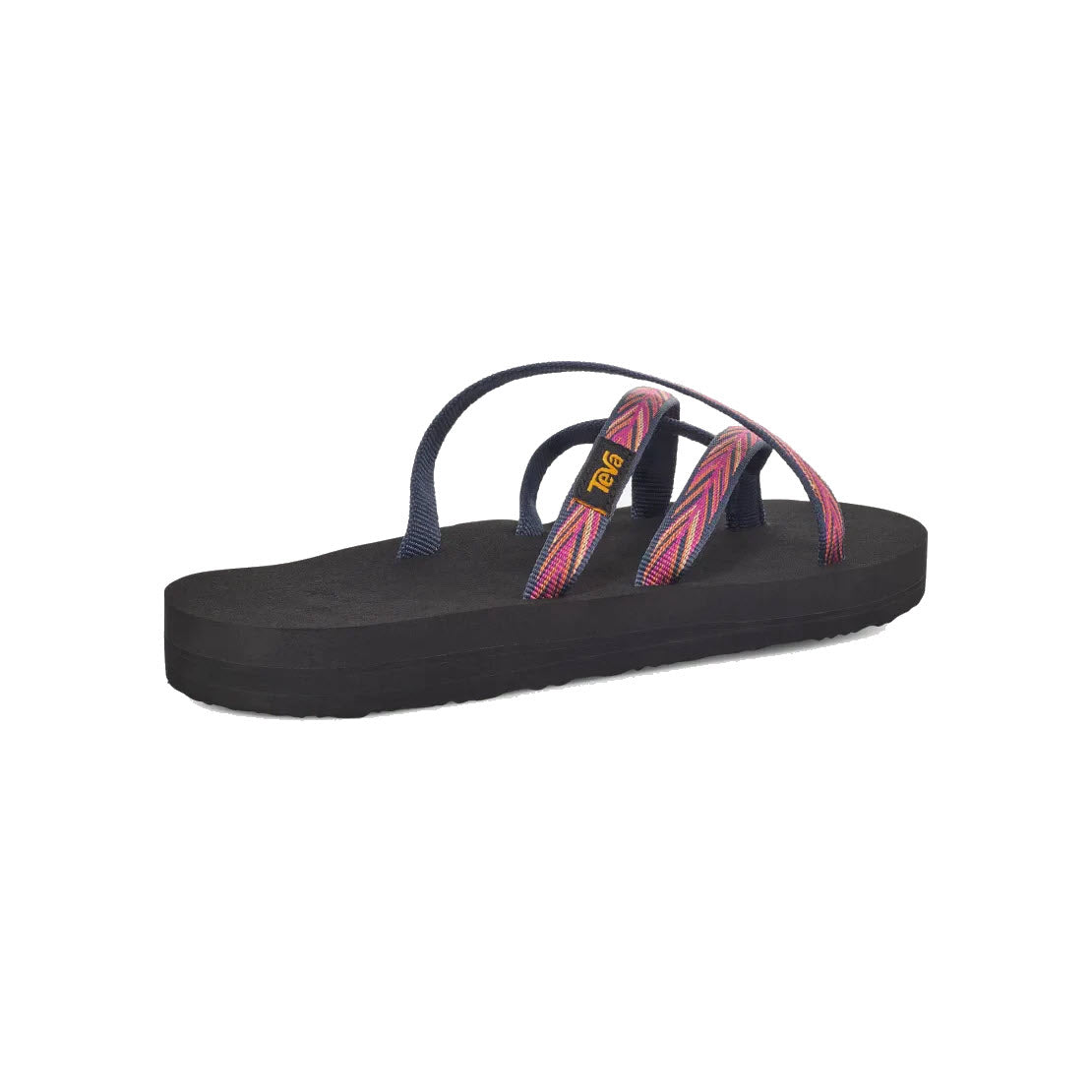 A single TEVA OLOWAHU INDIGO/ROSE VIOLET sandal for women by Teva, featuring black flip-flop slip-on design, multicolored fabric straps made from recycled plastic, and a label on the strap.