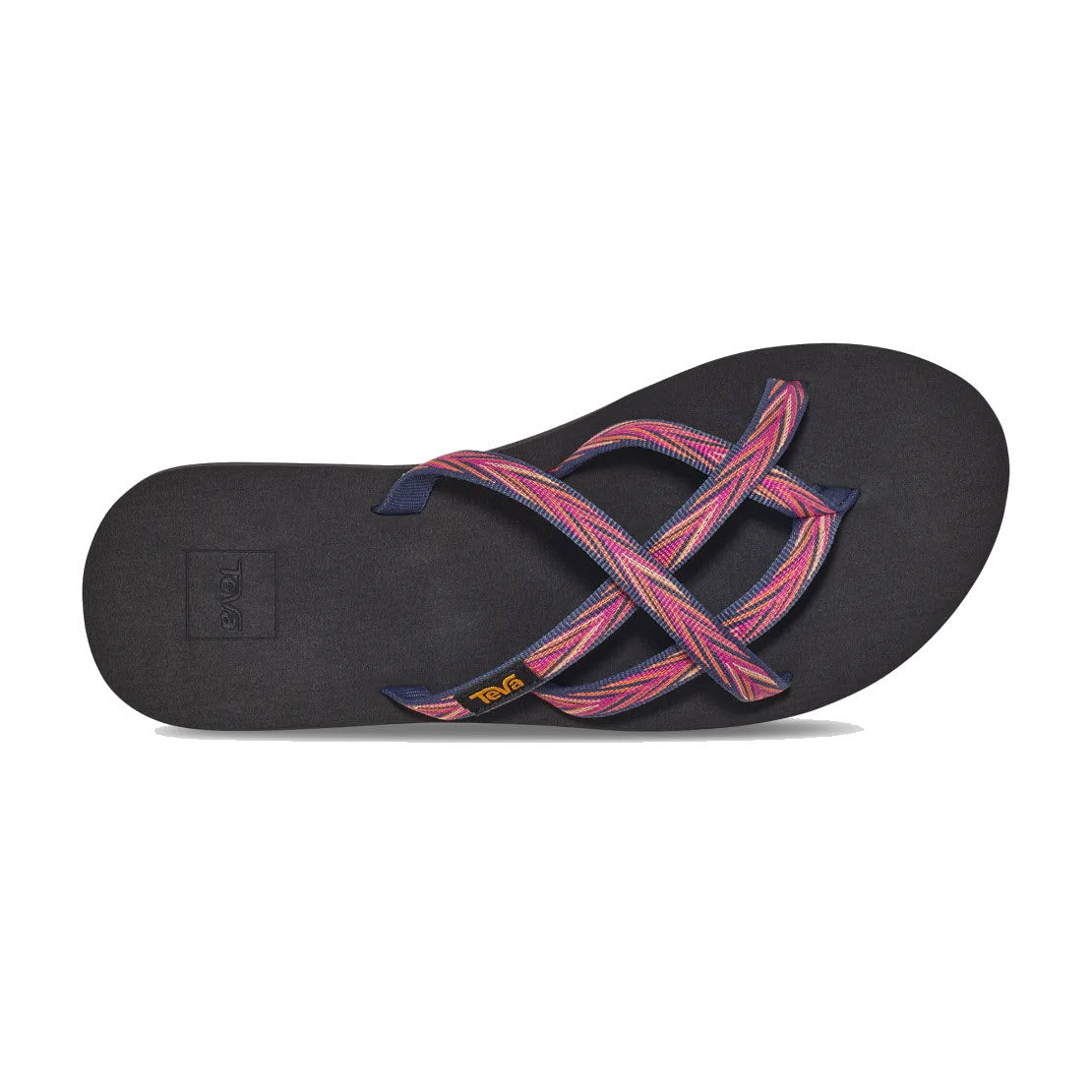 A single Teva Olowahu Indigo/Rose Violet slip-on sandal, designed for women, featuring black quick-dry webbing with pink and blue crisscross straps.