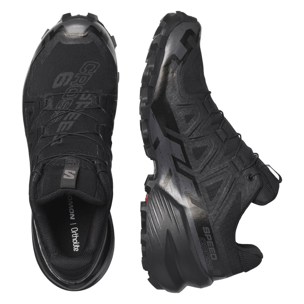 A pair of Salomon SPEEDCROSS 6 GTX Black Women&#39;s trail running shoes, showcasing top and side views with a rugged sole design and &quot;Ortholite&quot; inscribed on the insole. Featuring SPEEDCROSS technology, these stylish shoes are also equipped with waterproof Gore-Tex material for ultimate performance.