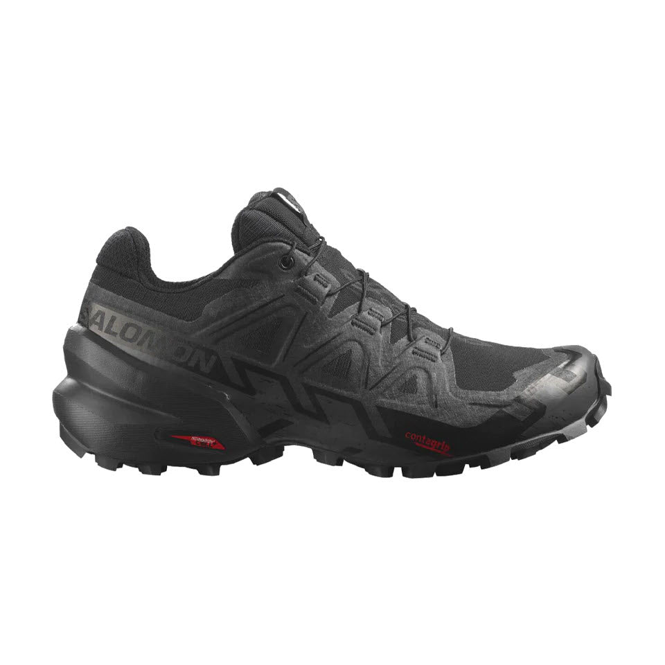 The women&#39;s SOLOMON SPEEDCROSS 6 GTX BLACK trail running shoe features a rugged sole with &quot;Contagrip&quot; technology, the brand name &quot;Salomon&quot; on the side, and waterproof Gore-Tex material.