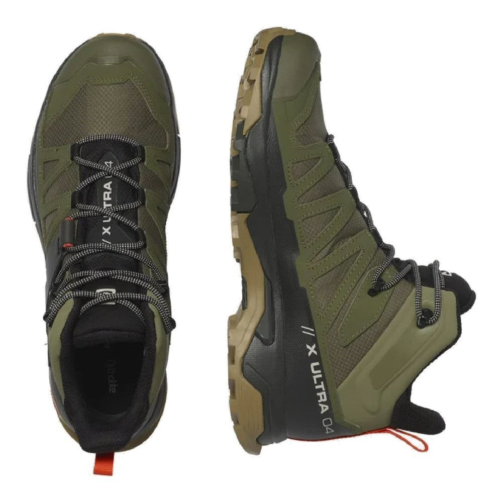 A pair of green and black Salomon SALOMON X ULTRA 4 MID GTX LICHEN GREEN/PEAT/KELP - MENS hiking shoes, designed for technical terrain with GORE-TEX lining, shown from a top and side view.