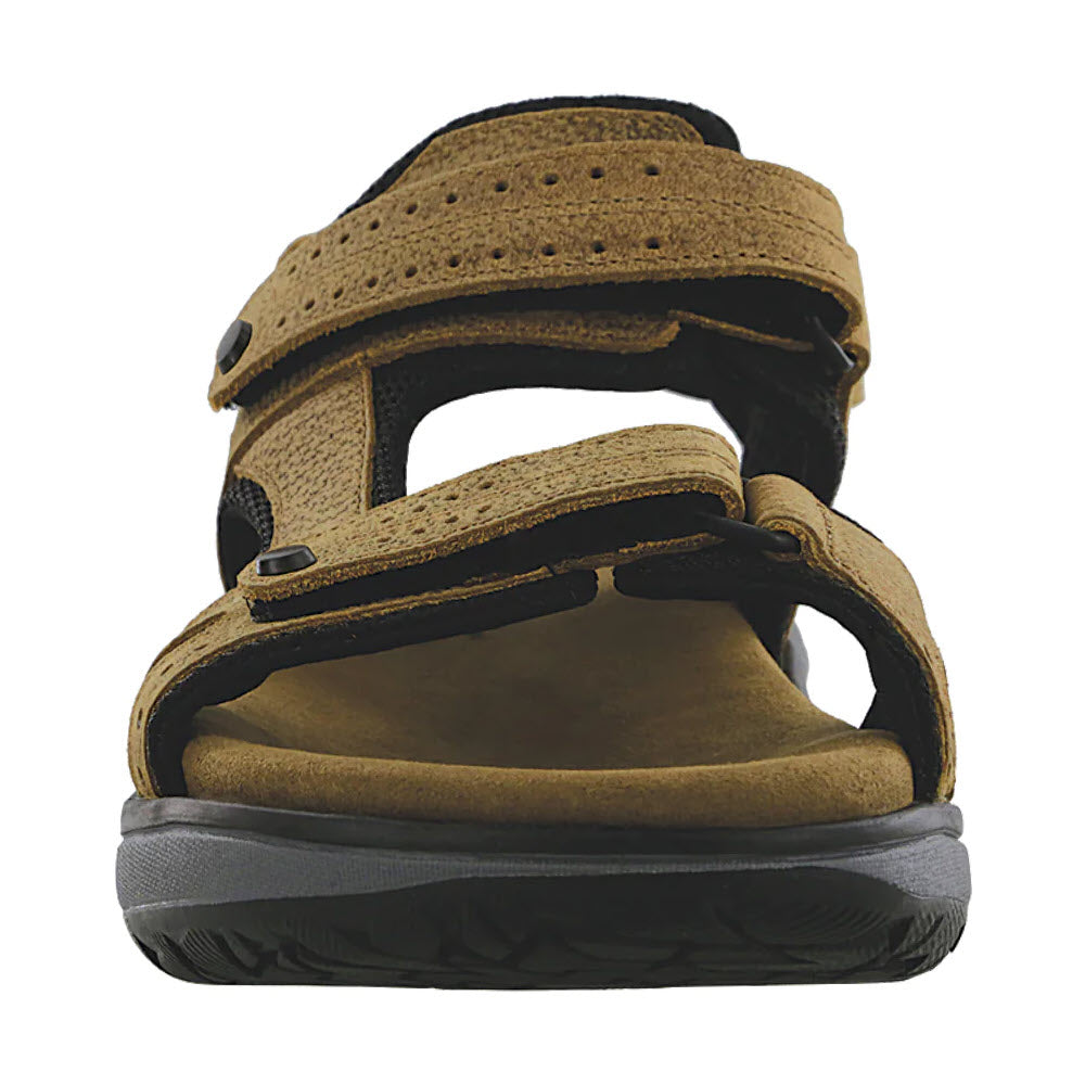Front view of a brown open-toe outdoor SAS MAVERICK SANDAL STAMPEDE SAND - MENS with adjustable straps, a black sole, and a cushioned insole by SAS.