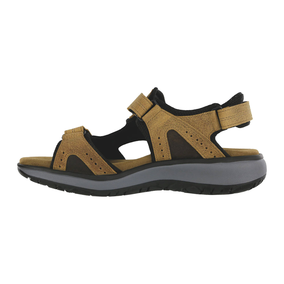 Side view of a brown and black SAS MAVERICK SANDAL STAMPEDE SAND - MENS by SAS with adjustable straps, cushioned insole, and a thick sole.