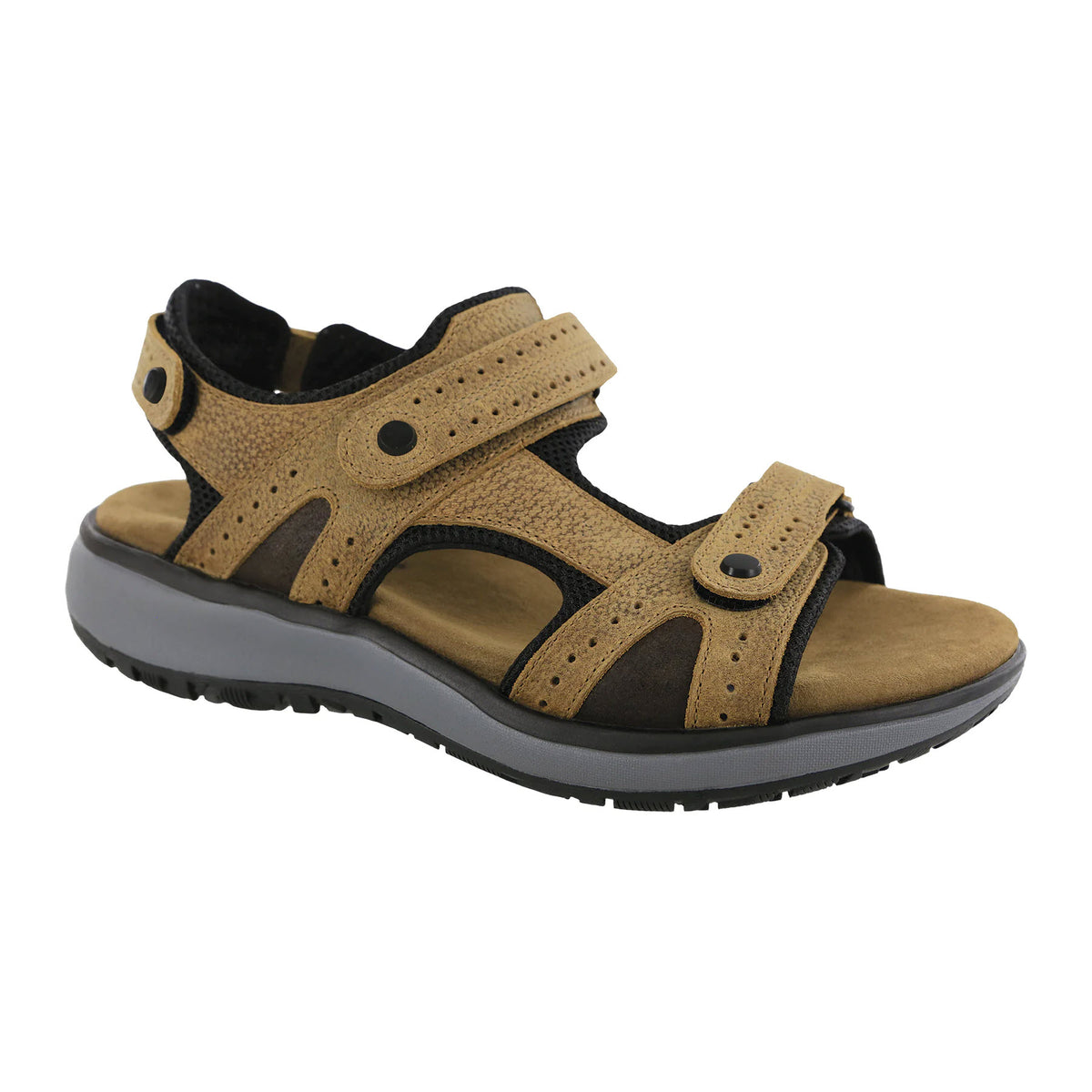 Brown SAS MAVERICK SANDAL STAMPEDE SAND - MENS with black accents, adjustable velcro straps, a sturdy gray sole, and a cushioned insole.