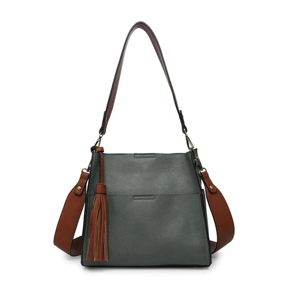 A green leather handbag with brown straps and a decorative tassel accent, featuring a versatile 2-in-1 style design, the JEN &amp; CO LYLA BUCKET BAG DARK TEAL by Jen &amp; Co.