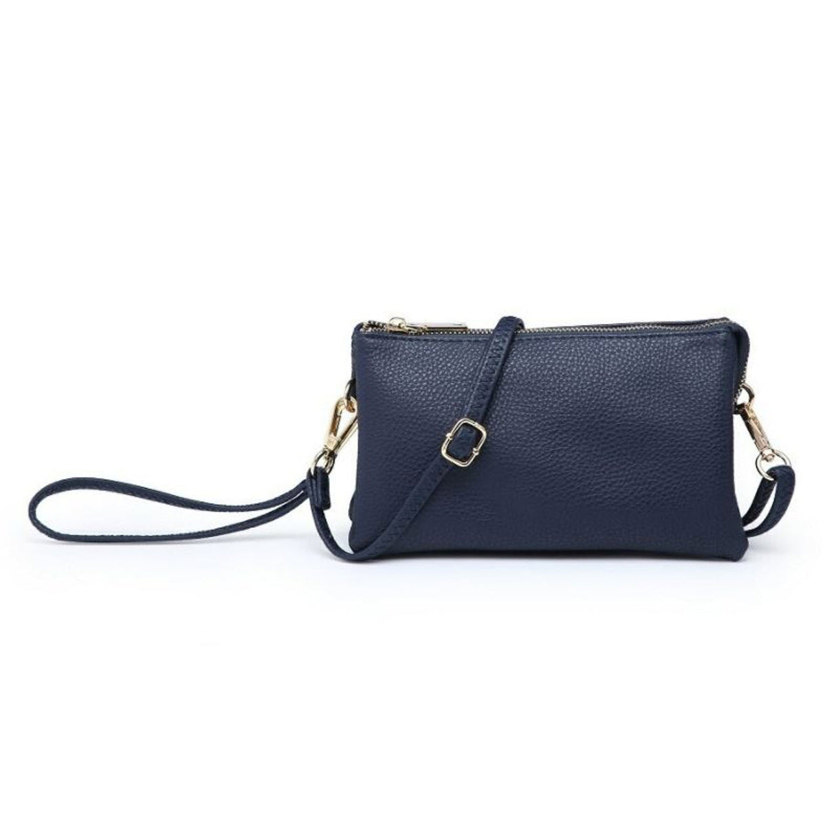 A small navy blue crossbody bag featuring a long adjustable shoulder strap and gold-tone hardware, perfectly showcased on a white background.
Replaced with: The JEN &amp; CO RILEY CROSSBODY BAG NAVY by JEN &amp; CO.