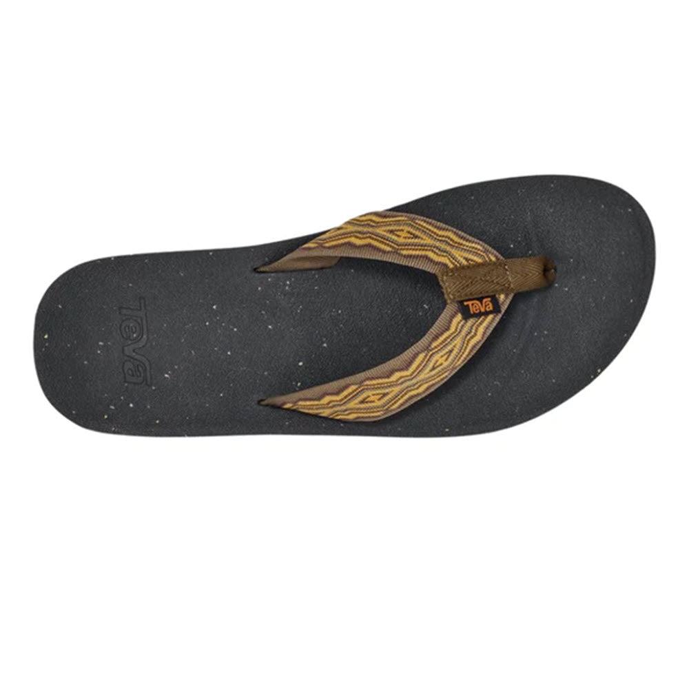 A single Teva TEVA REFLIP QUINCY DARK OLIVE - MENS with a brown patterned strap, made from recycled content, shown from a top view.