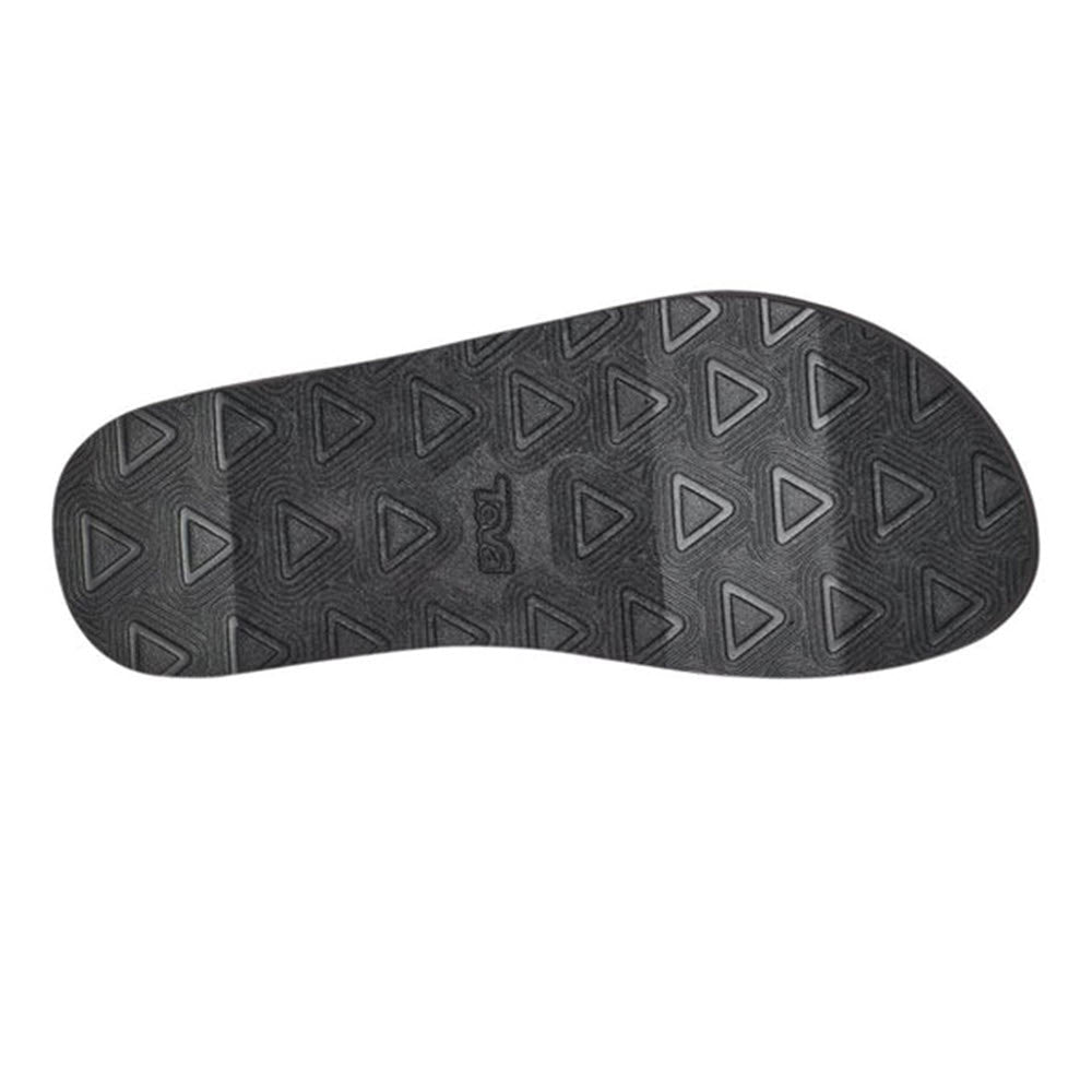 The image shows the sole of a travel sandal with triangular patterns and the word &quot;Teva&quot; imprinted in the center, highlighting its commitment to recycled content. This model is the TEVA REFLIP QUINCY DARK OLIVE - MENS by Teva.