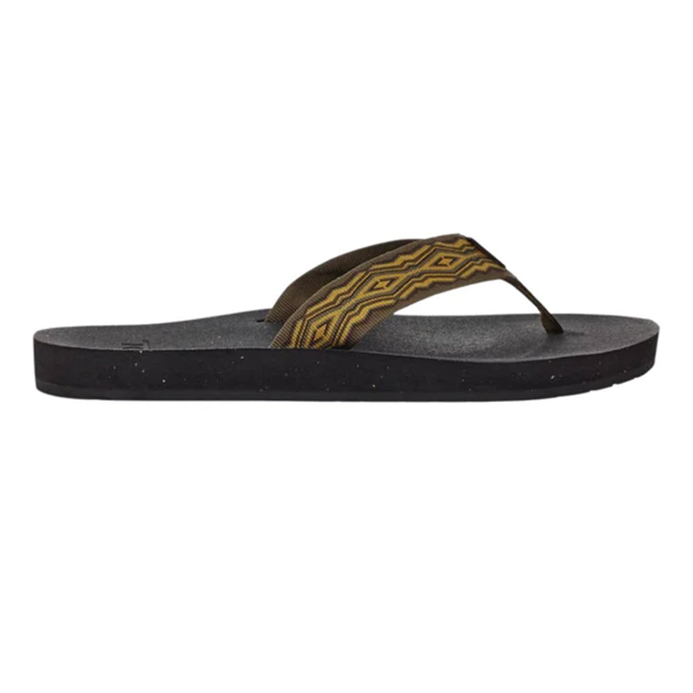 A side view of a black TEVA REFLIP QUINCY DARK OLIVE - MENS travel sandal with a textured sole and a brown strap featuring a geometric pattern, crafted with recycled content.