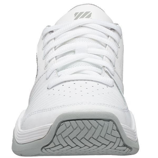 Close-up front view of a K-Swiss Court Express athletic tennis shoe in white and grey, showcasing the toe box, laces, and part of the tongue. Perfect for entry-level players, it offers comfortable support for all-day wear on the court.