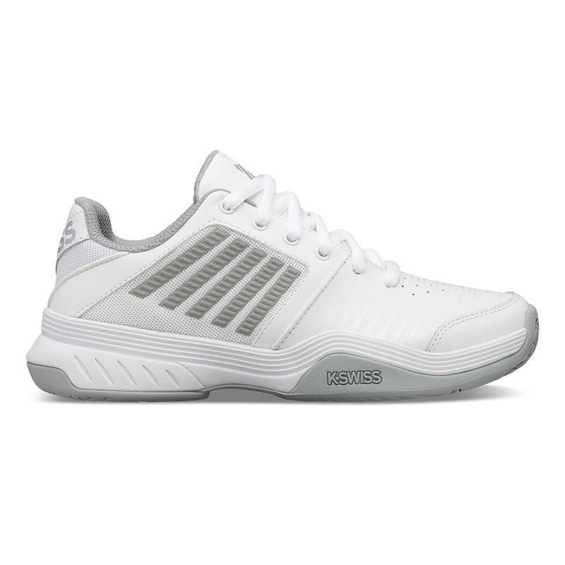 The K-Swiss Court Express White/Grey women&#39;s athletic tennis shoe features a white exterior with the K-Swiss logo on the side, a grey and white sole, grey inner lining, and green accents on the sides and tongue, providing comfortable support perfect for entry-level players.