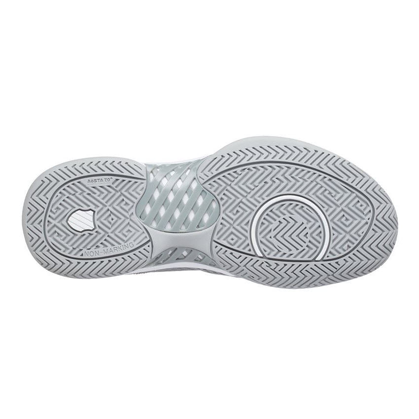 Bottom view of the K-Swiss Express Light Pickleball Highrise Gray shoe sole with textured tread patterns designed for traction and a durable outsole.