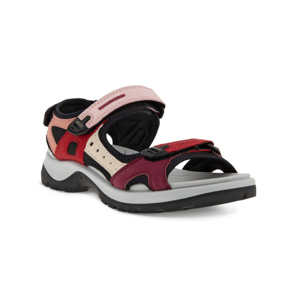 The ECCO OFFROAD CHILI RED for women by Ecco boasts a multi-colored design with striking red, pink, and beige accents. It features adjustable Velcro straps and a black sole. This eye-catching sandal is crafted for comfort with its cushioned footbed, making it perfect for outdoor wear.