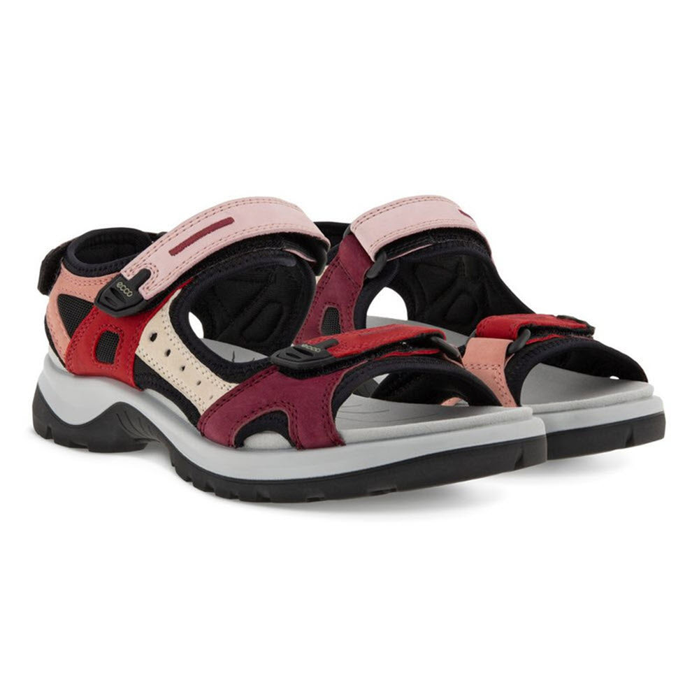 A pair of ECCO OFFROAD CHILI RED - WOMENS, these eye-catching, multi-colored sports sandals by Ecco feature adjustable velcro straps and a cushioned footbed, ideal for outdoor activities.