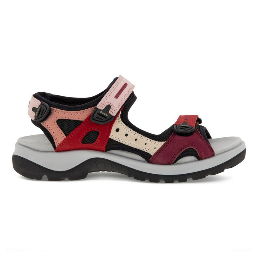 The ECCO OFFROAD CHILI RED - WOMENS open-toe sporty sandal, crafted by Ecco, features an eye-catching red, pink, and black design with adjustable Velcro straps and a thick white and black sole. The cushioned footbed provides added comfort.