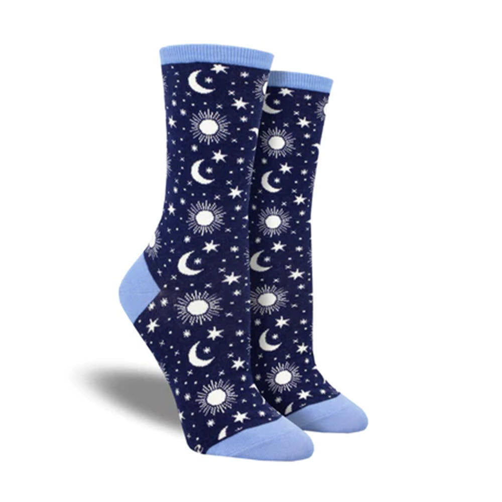 Socksmith SOCKSMITH MOON CHILD CREW SOCKS NAVY featuring crescent moons, stars, and suns pattern with light blue toes, heels, and cuffs that capture the soul of the night sky.