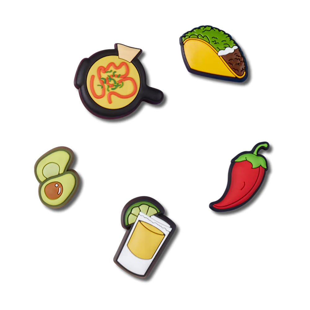 Assorted food and drink icons, including a bowl of soup, taco, avocado, chili pepper, and a drink with a lime wedge, on a plain white background. The vibrant Mexican food imagery stands out like the colorful CROCS JIBBITZ 5 PACK MEXICAN FOOD charms for your appetite by Crocs.