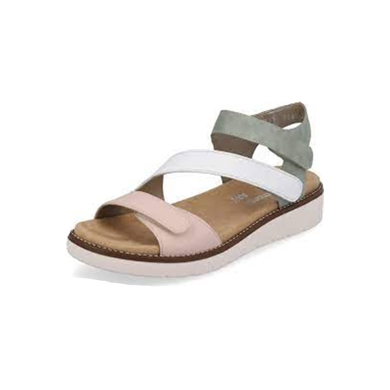 The REMONTE ASYMMETRICAL SANDAL PASTEL MULTI - WOMENS from Remonte features a white, beige, and grey strap design, a soft Remonte insole, and an elevated white rubber wedge heel.