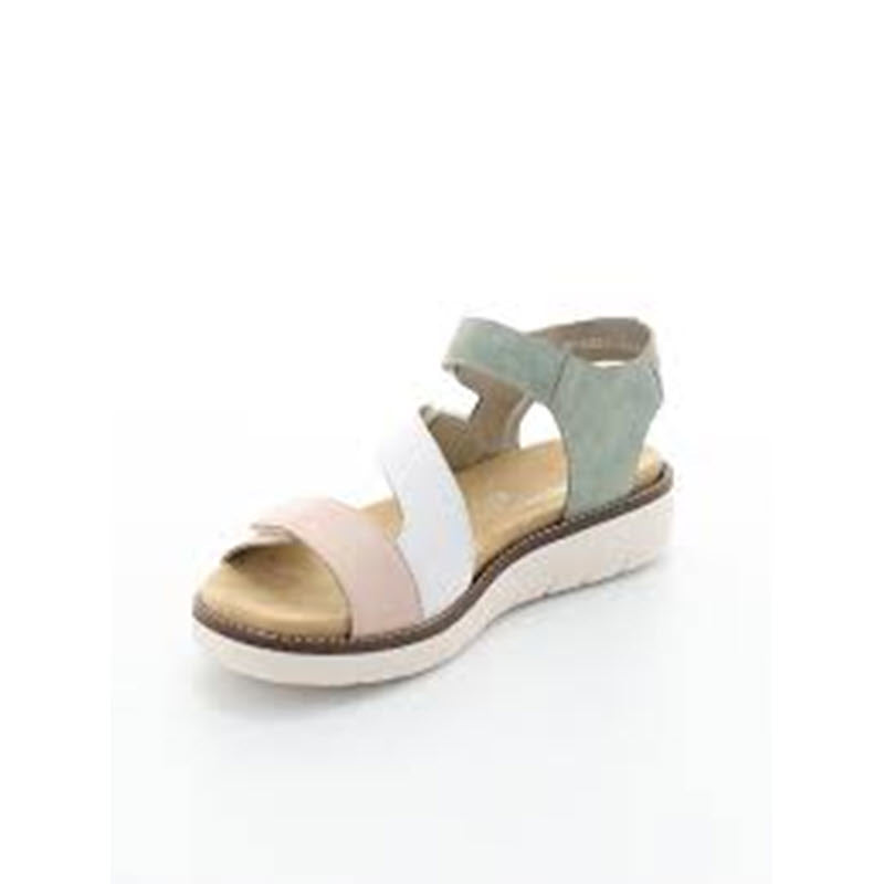 The REMONTE ASYMMETRICAL SANDAL PASTEL MULTI for women by Remonte features an elegant beige, white, and green color scheme. This stylish sandal offers three straps and a cushioned sole complemented by a soft Remonte insole, all set against a clean white background.