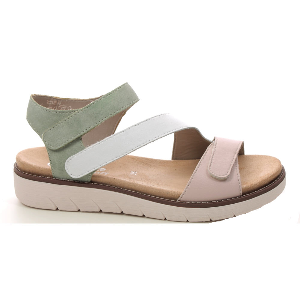 The REMONTE ASYMMETRICAL SANDAL PASTEL MULTI - WOMENS by Remonte is a multi-colored women&#39;s slingback sandal featuring green, white, and pink straps with a beige sole. It is designed with adjustable straps, a cushioned footbed, and a soft Remonte insole for added comfort.