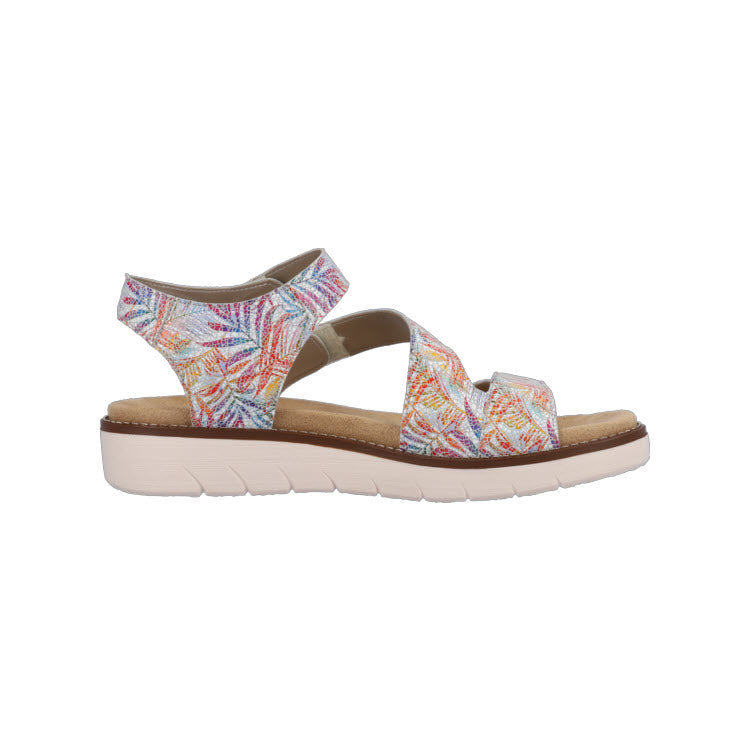 A side view of the Remonte Asymmetrical Sandal Floral Multi for women showcases its comfortable design with leather straps, a cushioned sole, and adjustable buckles.