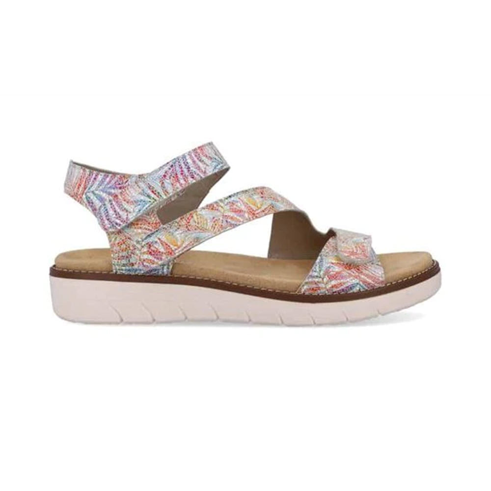 Side view of the Remonte Asymmetrical Sandal Floral Multi for women, featuring colorful, crisscrossing leather straps and a white sole with a slight platform.