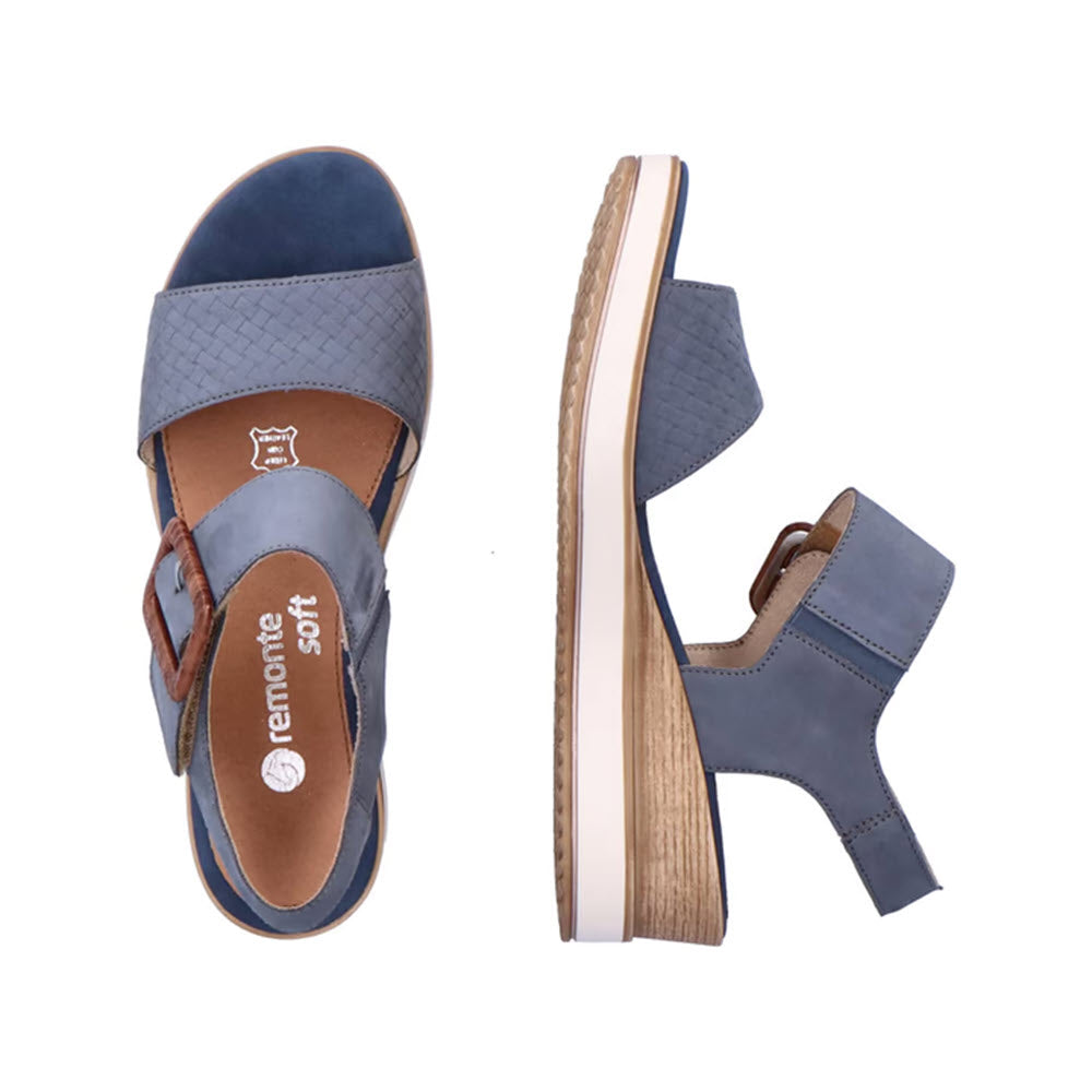 Pair of denim blue Remonte Big Buckle Woven Sandal Jeans for women with a textured upper, open toe, and comfortable wedge heel, shown from top and side viewpoints.