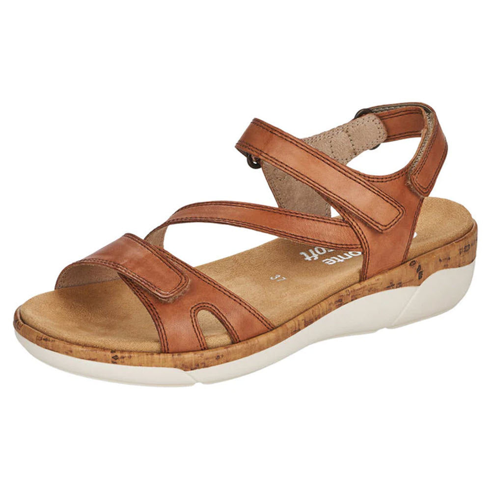 The REMONTE COMFORT Z STRAP COGNAC for women by Remonte is a brown leather sandal featuring multiple adjustable straps, a hook-and-loop closure, a cushioned insole, and a white rubber sole.