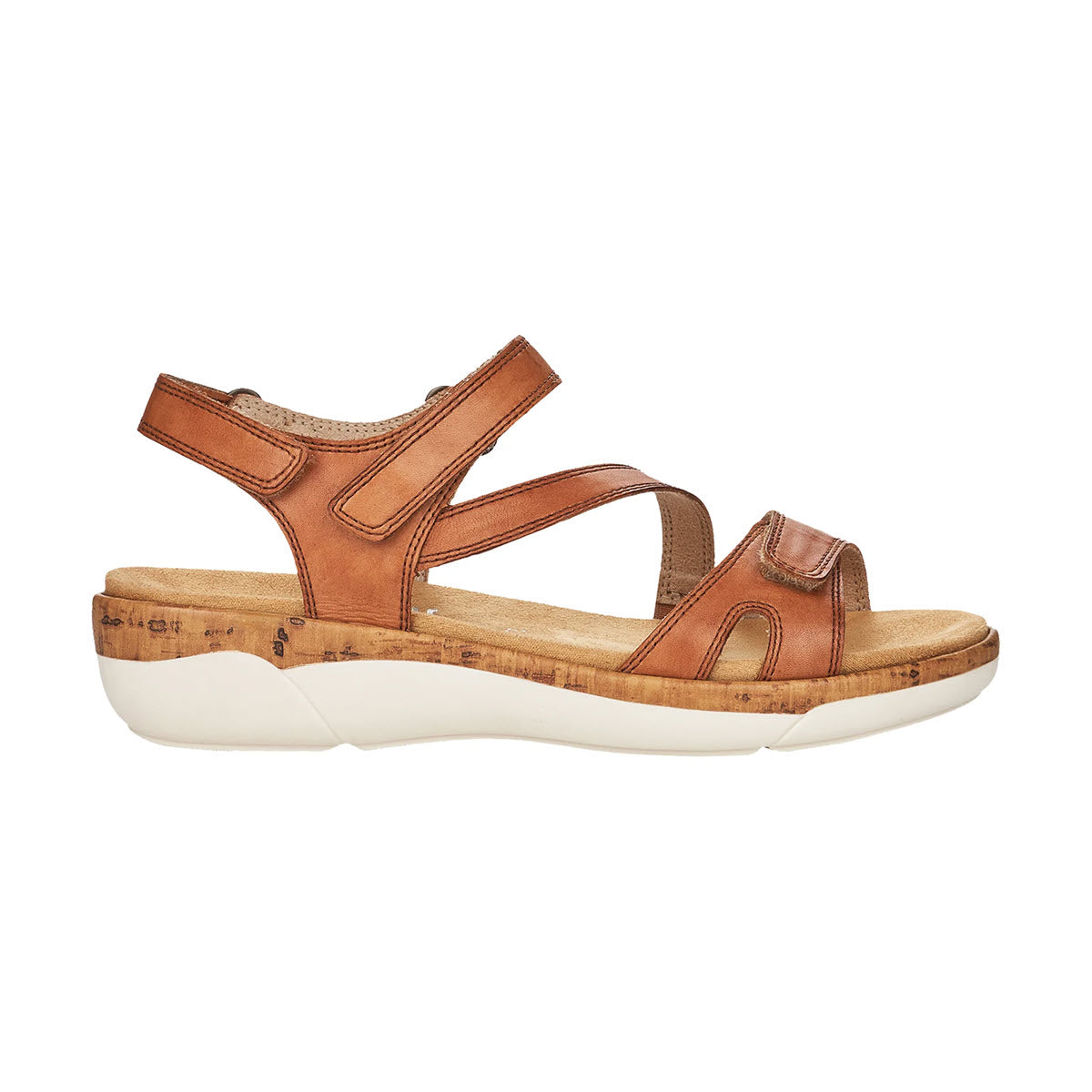 The REMONTE COMFORT Z STRAP COGNAC - WOMENS by Remonte is a single brown leather backstrap sandal with a cork and white rubber sole, featuring adjustable straps for secure fitting, viewed from the side.