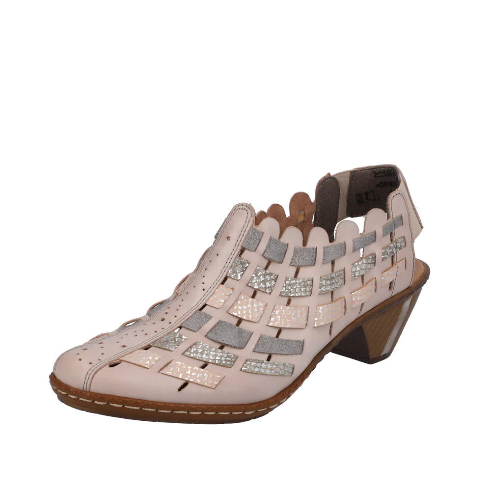 A light pink, open-weave, heeled shoe featuring the RIEKER WEAVE SLINGBACK HEEL OFF WHITE MULTI - WOMENS by Rieker, complete with perforated detailing and an interweave leather upper.