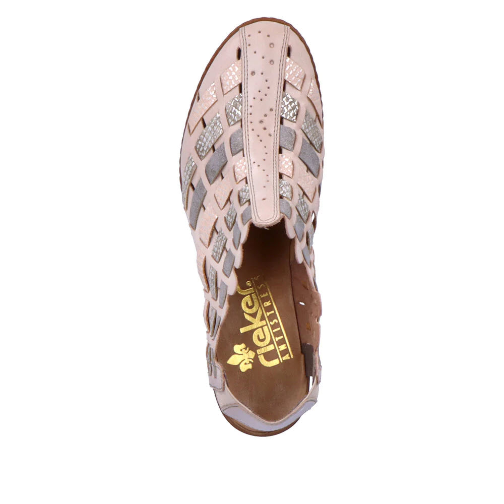 Top view of a light pink, woven RIEKER WEAVE SLINGBACK HEEL OFF WHITE MULTI - WOMENS with a flat, shock absorbing PU sole, featuring metallic accents and a closed toe.