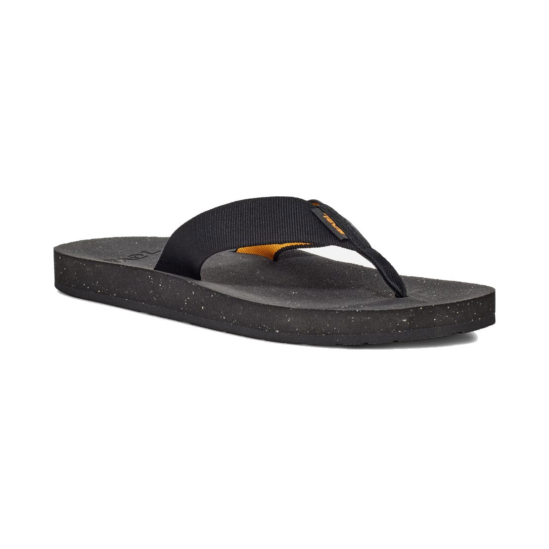A TEVA REFLIP BLACK - MENS travel sandal by Teva, featuring a textured foam sole made from recycled content and a fabric thong strap.