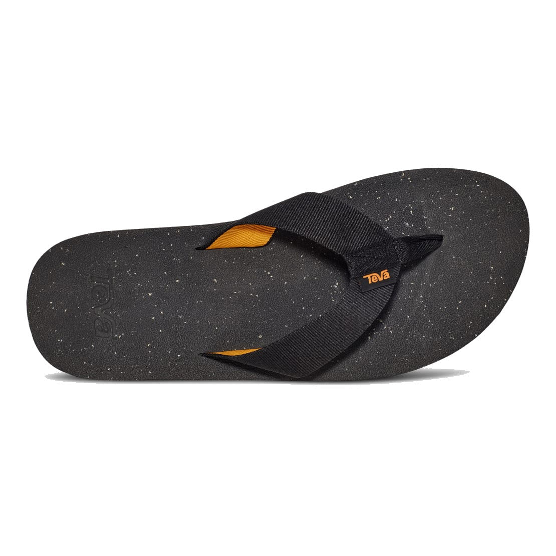 A single black sustainably minded flip-flop with a speckled footbed and textured straps featuring an orange logo, crafted with recycled content, the Teva TEVA REFLIP BLACK - MENS.