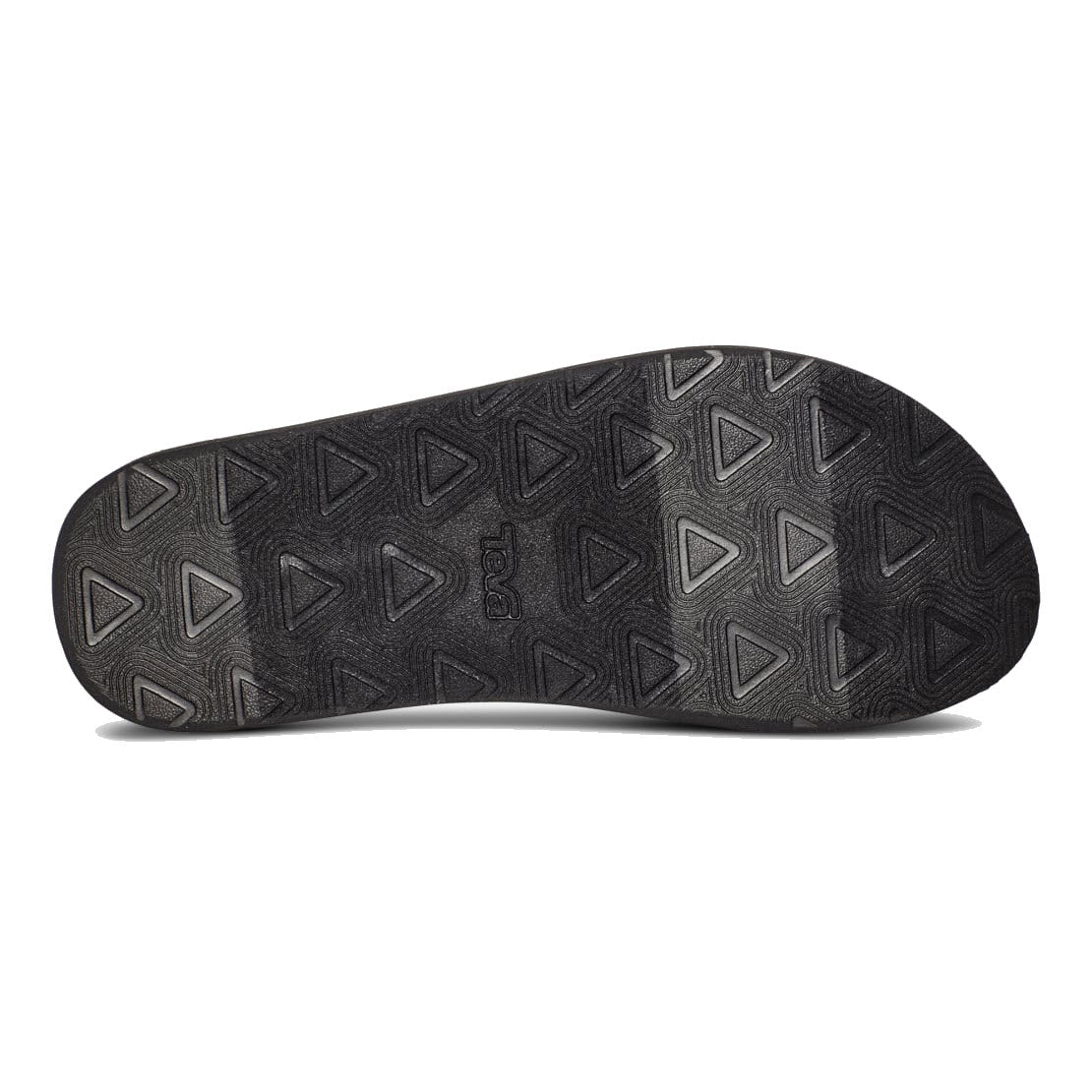 A black TEVA REFLIP BLACK - MENS shoe sole with a triangular pattern design, crafted from recycled content and shown from the underside by Teva.