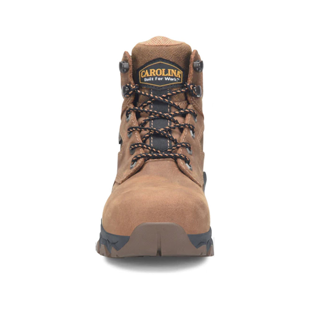 Front view of a brown CAROLINA SAGE 6&quot; LIGHTWEIGHT WP CT DARK COFFEE - WOMENS with black and white laces. The logo on the tongue reads &quot;Carolina Built For Work.&quot; This waterproof boot features a composite toe for added protection.